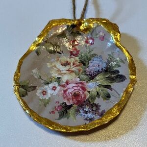 Handcrafted Shell Ornament Pink Floral Gold Decoupage